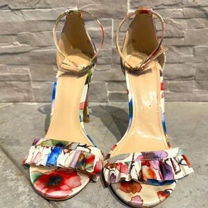 🌟• Floral Satin Heels | Size 7.5 | Floral Ruffle Strap Ankle Stilettos